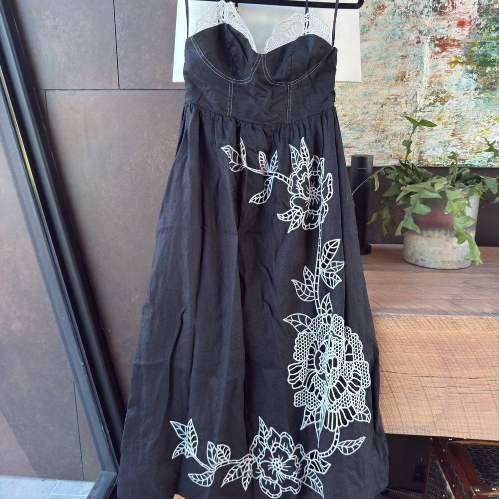 FARM Rio Black Strapless Dress with White Floral Accents
